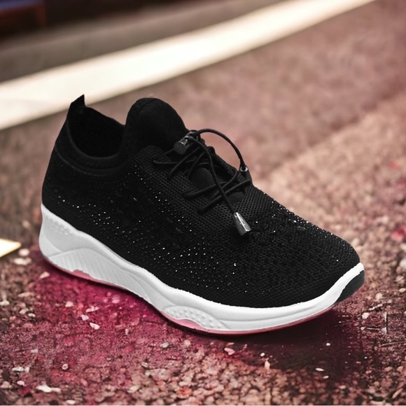 Italina GEMA Toggle Lace Up Black Knit Platform White Bubble Rhinestone Sneakers - Picture 2 of 12